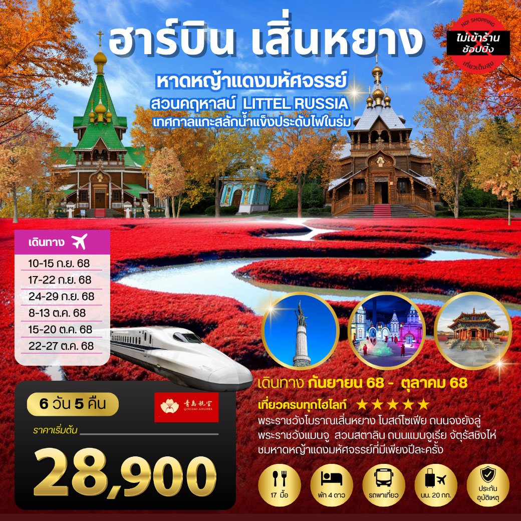 ทัวร์จีน ฮาร์บิน เสิ่นหยาง หาดหญ้าแดงมหัศจรรย์ สวนคฤหาสน์ LITTEL RUSSIA  เทศกาลแกะสลักน้ำแข็งประดับไฟในร่ม 6วัน 5คืน (QW)