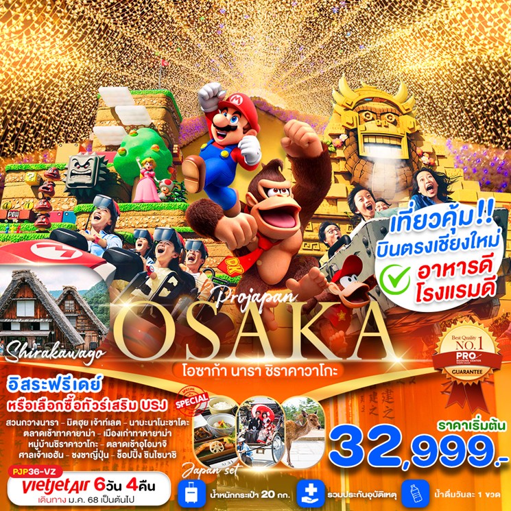 ทัวร์ญี่ปุ่น OSAKA-NARA-KYOTO-SHIRAKAWAGO FREE DAY 6วัน 4คืน (VZ)