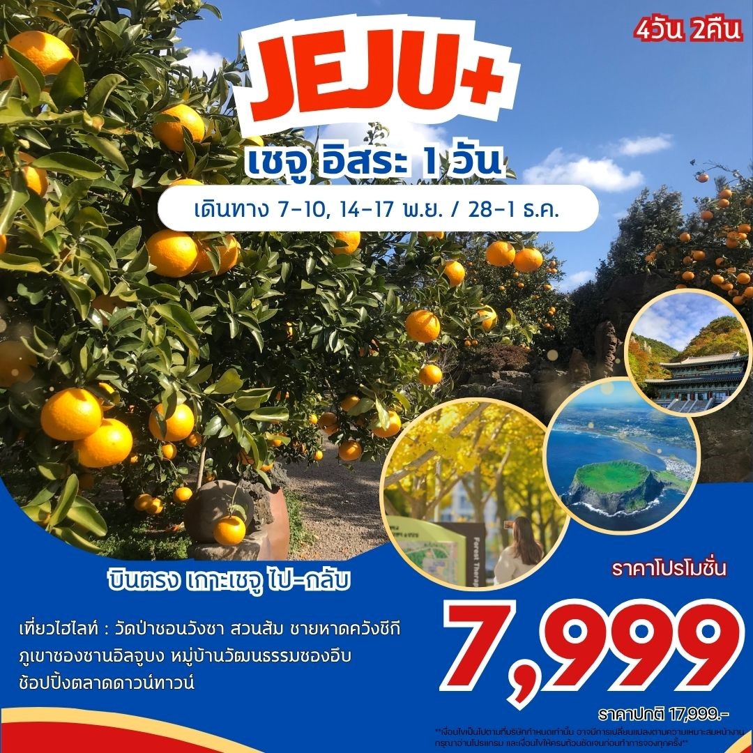 ทัวร์เกาหลี JEJU+ เชจู อิสระ 1 วัน 4วัน 2คืน (7C)