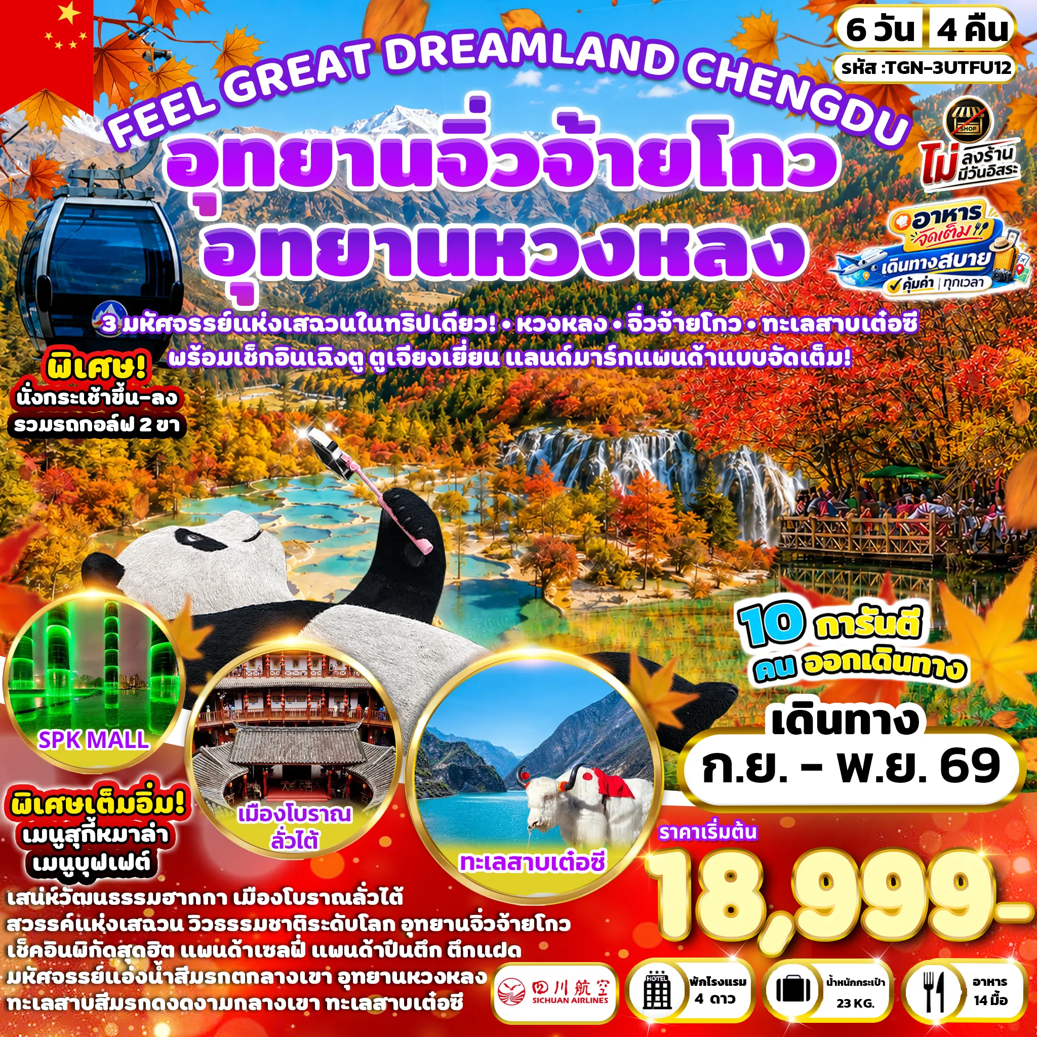 ทัวร์จีน FEEL GREAT DREAMLAND CHENGDU อุทยานหวงหลง - อุทยานจิ่วจ้ายโกว 6วัน 4คืน (3U)